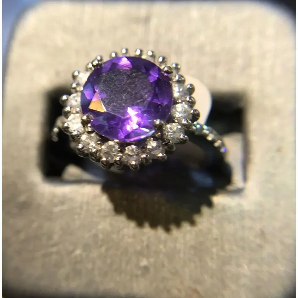 Cocktail Ring 925 Sz8 Round Amethyst Circle Diamonds (All Stones Simulated)
